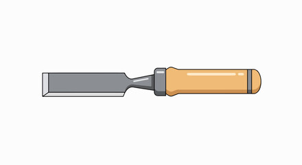 A detailed illustration of a woodworking chisel with a sharp metal blade and a light brown wooden handle, set against a white background.