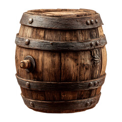 Obraz premium Antique wooden barrel with metal bands and spigot isolated on transparent background for vintage beverage storage or historical depiction
