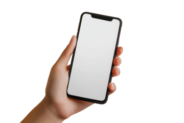 Hand holding a modern smartphone with a blank screen isolated on a transparent background showcasing potential for app displays and user interactions