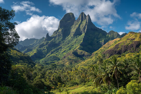 Scenic view of Mount Temetiu towering over the lush tropical landscape near Atuona, Hiva Oa, Marquesas Islands, French Polynesia dramatic mountain ridges, vibrant greenery