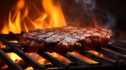 Fire-flamed grill scene with beef T-bone steak on iron grates, live coal glowing and smoke twisting into the air, BBQ grill concept, full frame,