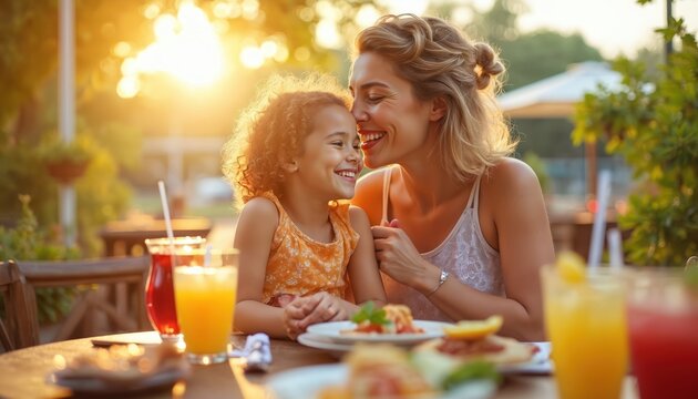 Happy mother kisses daughter outside cafe, enjoying meal and drinks. Sunshine, smiles, tender moments. Family bonding over delicious food and beverages at eatery.