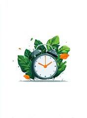 A black alarm clock surrounded by vibrant green leaves and orange accents