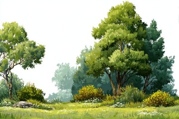 Fototapeta premium Lush green trees and vibrant shrubs create a peaceful meadow landscape in a serene and isolated setting on a bright sunny day