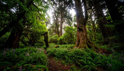 Lush Rainforest Path with Ancient Trees and Ferns.