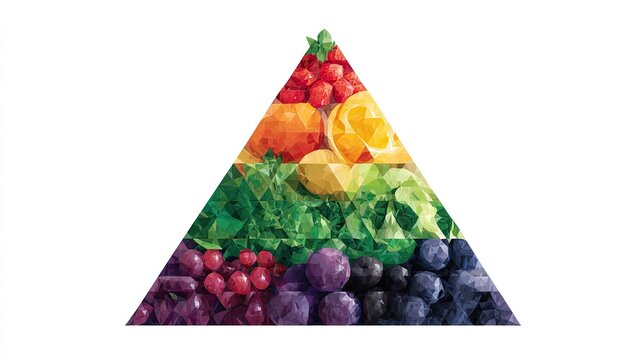 Colorful triangular pyramid of fruits and vegetables