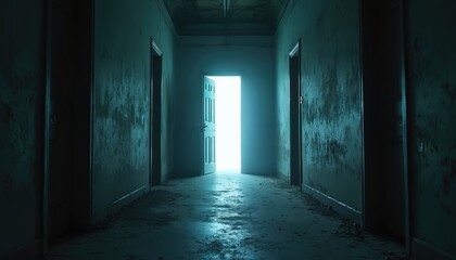 Door in dark room opens to bright white light. Abandoned hallway with dirty walls and floor. Ancient architecture. Entrance to another space. Mystery, unknown.