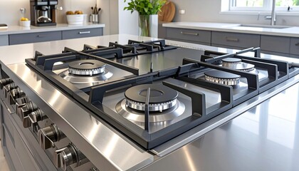 A modern gas stove with shiny metallic burners in a clean kitchen.