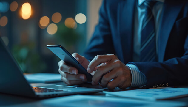 Corporate executive uses smartphone for secure mobile banking, online transactions, and digital financial services. Utilizing blockchain technology for payments and e-business operations.
