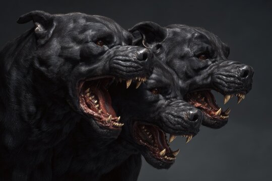 Intimidating portrait of cerberus showcasing a hyper-realistic, three-headed creature with fierce expressions in a dark, dramatic setting