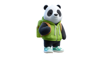 Cute panda character wearing a stylish green jacket and trendy sneakers ready for adventure