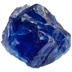 A rough natural deep blue sapphire crystal specimen with sharp facets and internal fractures isolated on transparent background