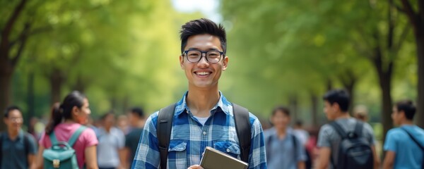 Smiling young Asian student with glasses walks on campus holding a book. He carries a backpack and wears a plaid shirt, exuding confidence and readiness for success in his studies.