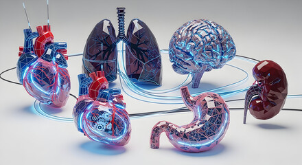 3d Render of Human Organs Connected by Light, Medical Concept