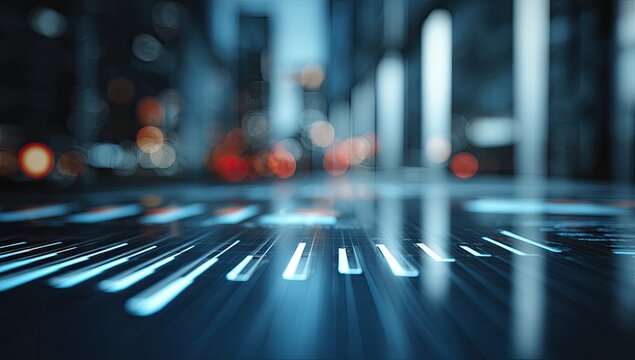 Futuristic city street, digital interface overlay. Blurry city lights, glowing lines