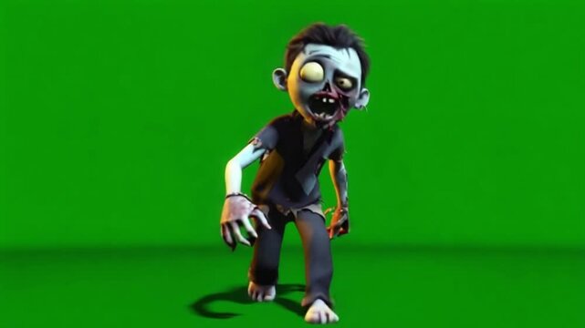 Cartoon zombie character walks with outstretched arms against a green screen background studio shot green screen halloween zombie video