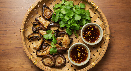 Fototapeta premium Sauteed shiitake mushrooms with coriander in a woven basket