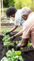 Fototapeta premium Couple gardening in a community plot during warm sunny day