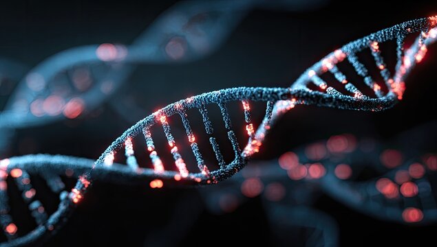DNA double helix, glowing with red light, intricate 3D model - Powered by Adobe