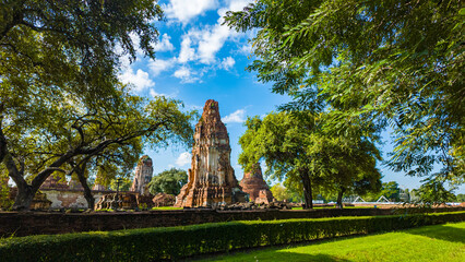 Ruins of an old brick wall at the Religious Historical Park.Wat Phra Ram in the Ayutthaya period...