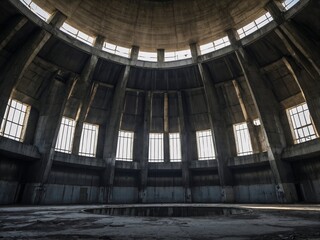 Obraz premium Abandoned Industrial Cooling Tower Interior With Dramatic Light Shafts