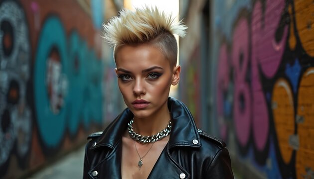 Rebellious punk rocker girl with spiky blonde hair wears leather jacket, chain necklace. Stands in urban alleyway covered in graffiti art. Confident, edgy style, alternative fashion.