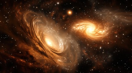 Golden Cosmic Scene - Planets And Nebulae In Brilliant Starry Sky Sci - Fi Space Material