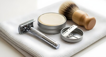 Classic wet shaving kit with razor, brush, and soap, perfect for grooming and self-care
