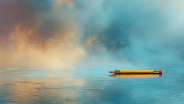 A solitary yellow pencil floats on a calm, reflective surface, with a dramatic, colorful sky background