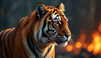 Obraz premium Majestic tiger portrait with intense gaze. Fiery backdrop, dramatic lighting accentuates orange and black stripes. Powerful big cat in nature, showcasing wild beauty and intense eyes.