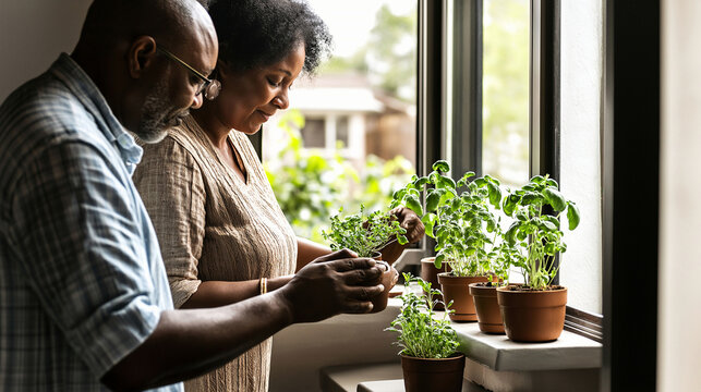 Gardening activity at home with couple nurturing indoor plants