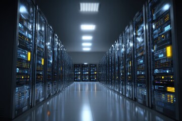 Server racks aligned within a high-capacity data center showcasing advanced technology and efficient organization for enhanced performance and reliability