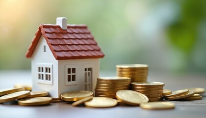 Miniature house surrounded by stacks of gold coins financial growth, investment opportunities. Property ownership, home loans, mortgage concepts visually represented. Savings, wealth accumulation key