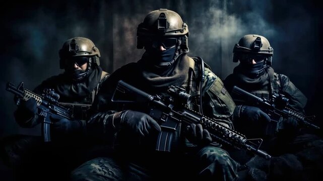 Military special forces team conducts intense training exercise at night in a tactical urban environment with rifles ready for action