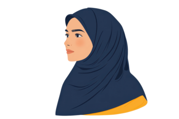 Woman in hijab wearing a thoughtful expression in flat illustration style emphasizing cultural beauty and individuality in modern art