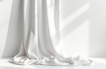 Elegant white fabric draped against wall creates minimalist scene with soft shadows. This smooth, flowing material, possibly silk or satin, offers clean backdrop for product reveals and presentations.