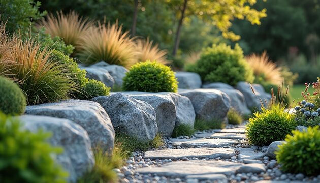 Grey boulder rock garden landscape design features stone pathway lined with green bushes, ornamental grasses. Natural stone elements create serene outdoor space, perfect for tranquil garden planning,
