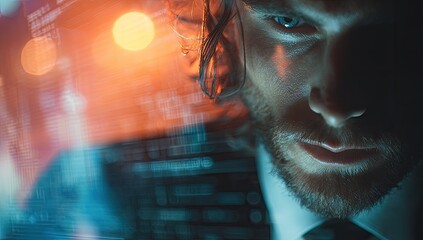 Close-up of a focused man, engrossed in digital interface.  Blurred, glowing code and data streams visible in the background.  Intense, determined expression