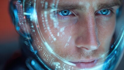 Close-up of a man in futuristic helmet with holographic displays