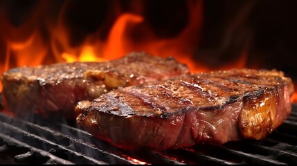 Realistic flame-kissed beef T-bone steaks cooking over live charcoal, fire bursting upward with crispy meat detail, smoky barbecue ambiance, full frame,