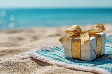 Fototapeta premium Gift box with golden ribbon on a beach towel beside serene waters on a sunny day at the shoreline
