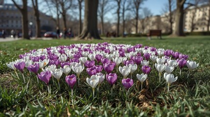Vibrant Crocuses Circle: A close-up shot showcases a lively cluster of purple and white crocuses flourishing in a park setting, heralding the spring season's arrival with their cheerful petals.