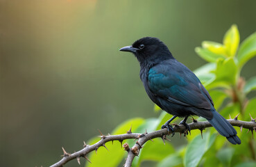 Naklejka premium Fork-tailed Drongo bird perched on thorny branch with green foliage. African avian species iridescent teal feathers, distinctive forked tail. Natural habitat, wildlife photography, close-up detail,