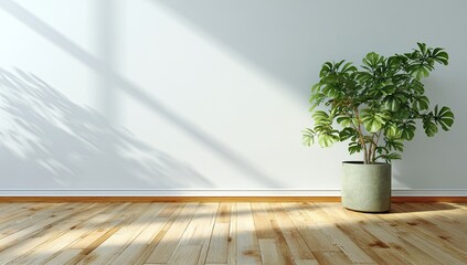 Empty room with plant, sunbeams, and shadows