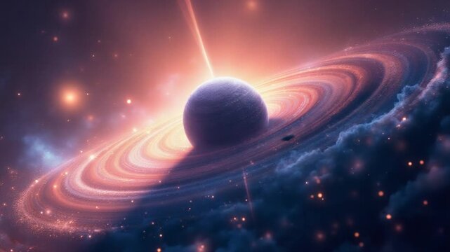 A brilliant cosmic phenomenon unfolds with a radiant planet at the center, emitting light rays amidst a colorful, swirling space backdrop filled with stars.