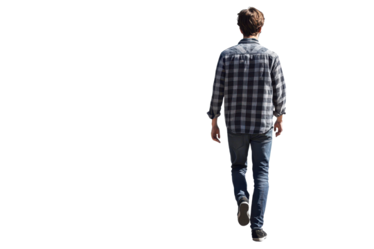 Young man walking away in a casual outfit against a plain background during daytime