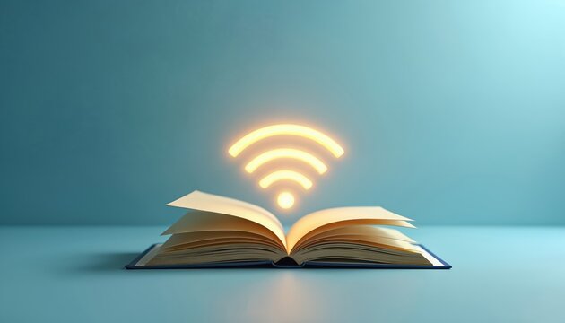 Open book with glowing wifi symbol signifies online learning, digital education. Access information, knowledge, global networks from anywhere. Represents modern study, research, future learning