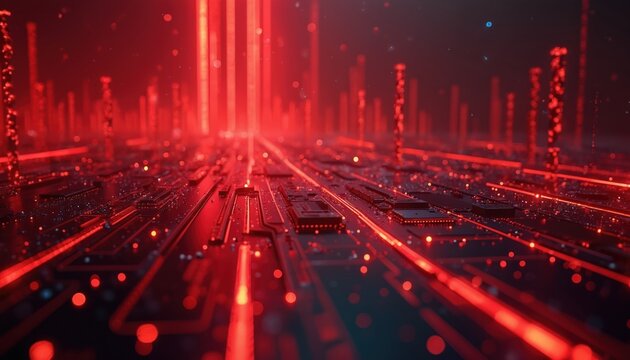 Abstract digital red background with glowing lines, circuit board elements. Futuristic technology concept with bright geometric patterns, network connections. Modern cyber style with digital data - Powered by Adobe