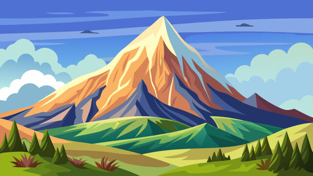 Vector art of majestic mountain landscape with a prominent snowcapped peak, lush green valleys, and a vibrant sky filled with clouds, capturing the beauty and grandeur of nature
