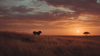Majestic lion silhouette at sunrise over savanna